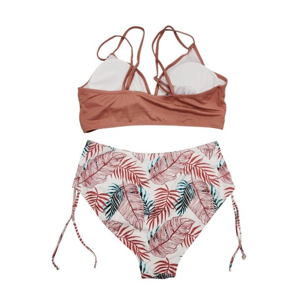 Two-Piece Bikini Set With Tropical Leaf Print & Ribbed Top Size XL Swimsuit - Picture 5 of 5